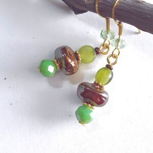 artisan earrings 618#mfs NEW boho Green & fireglaze brown glass drop earrings fa